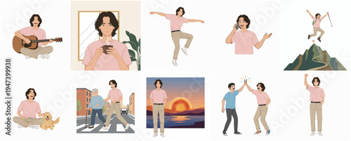 Minimalist Flat Illustration of a Man in Various Life Activities