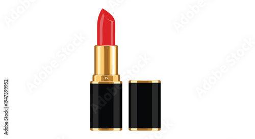 A classic red lipstick with a pointed tip is displayed open in its elegant gold and black tube with the cap resting beside it.