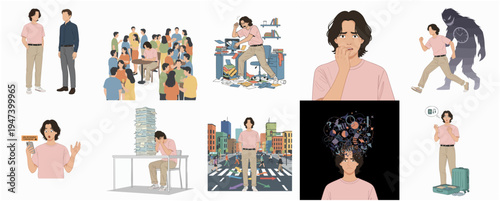Flat Illustration of Man in Various Life Situations and Emotions Set