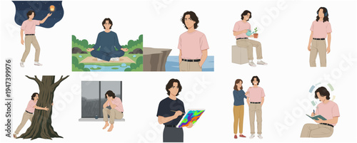 Flat Styled Young Adult Lifestyle Activity Illustration With Various Poses