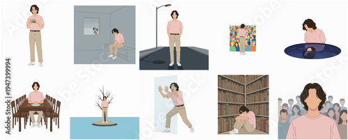 Minimalist Flat Illustration of Introverted Man in Various Lonely Situations Set