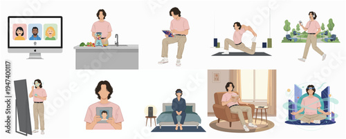 Flat Graphic Woman Daily Life Activity Illustration set Lifestyle Concept