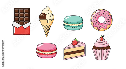 Assorted colorful desserts on white background