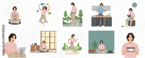 Flat Style Vector Illustration of Man Doing Various Activities and Daily Life Routines