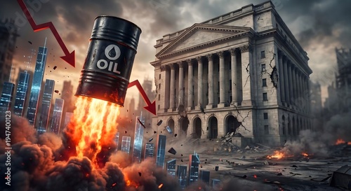 Oil barrel rocket falling with an arrow graph indicating price decrease over a destroyed city with a government building, representing economic collapse