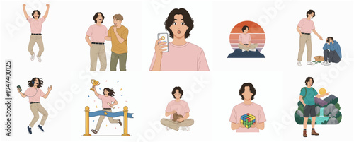 Simple Line Art Diverse Activity People Lifestyle Illustration Set