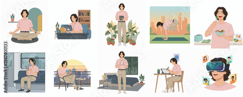 Flat Style Diverse Lifestyle Scenes of a Young Adult Woman Illustration