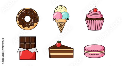 Assorted colorful desserts on white background