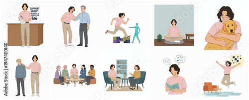 Diverse Emotional Support and Mental Wellbeing Illustration with Different Life Moments