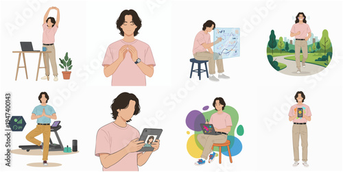 Modern Flat Illustration Young Man Various Activities Lifestyle Concept