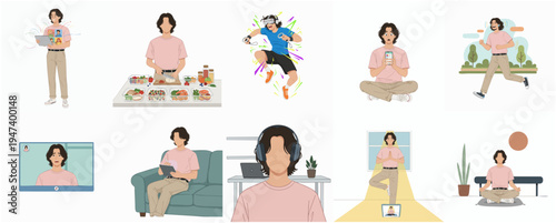 Minimalist Lifestyle Illustration Set of Diverse Man Engaging in Daily Activities