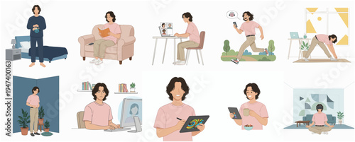 Minimalist Flat Illustration of Daily Activities and Lifestyle of a Person