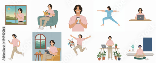 Flat Illustration of Lifestyle Man Doing Different Activities at Home