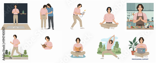 Minimalist Style Detailed Character Doing Various Activities Icon Set