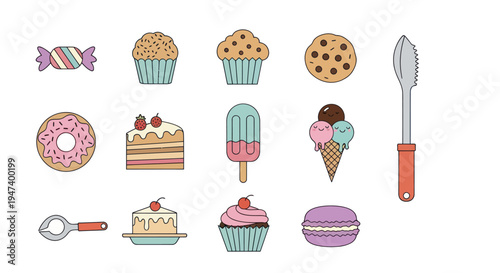 Assorted dessert icons on white background