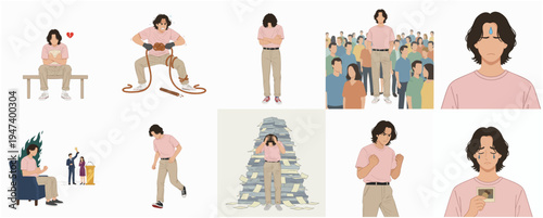 Minimalist Flat Design Man Character Experiencing Various Life Situations Illustration Set