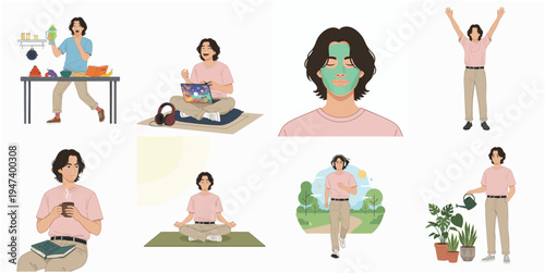 Flat Design Diverse Man Lifestyle Activity Set Illustration