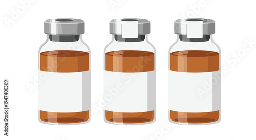 Three identical glass medical vials with brown liquid and silver caps are neatly arranged in a horizontal row on a clean white surface.