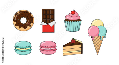 Assorted desserts and sweets isolated on white