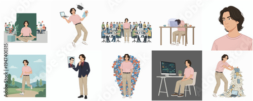Flat Style Character with Different Activity and Profession Illustration Set