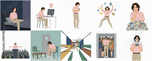 Flat Design Man in Various Situations Showing Emotions and Activities Illustration