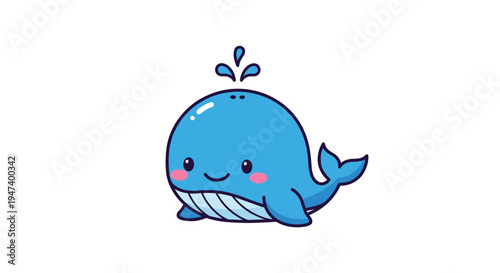 A cute cartoon illustration depicts a plump blue whale with rosy cheeks spouting water from its blowhole.