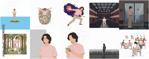 Minimalist Digital Illustration Collection of Various Scenes Featuring A Man