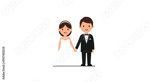 A charming cartoon illustration portrays a bride in a white dress and a groom in a black tuxedo holding hands.