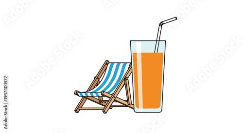 A striped wooden beach chair is positioned beside a tall glass of orange juice with a straw on a white background.