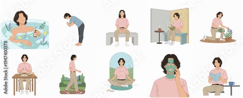 Flat Illustration of Relaxing Wellbeing Lifestyle in Various Situations Activities