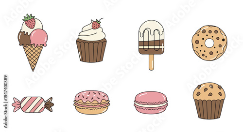 Assorted sweets and desserts in cartoon style