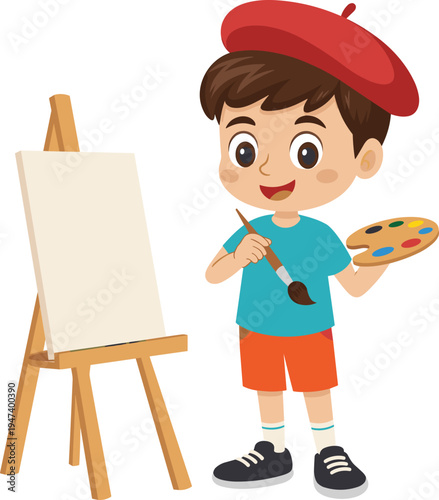 Happy cartoon boy painting on easel with brush and palette, cute child artist illustration for kids creativity, art education, school activity concept design