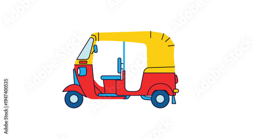 A vibrant red and yellow auto-rickshaw with blue accents is shown in a side profile, rendered in a clean, flat illustration style on a white background.