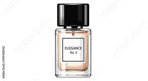 A transparent glass perfume bottle with a sleek black cap and ELEGANCE No. 5 label holds a light amber liquid on a pristine white background.