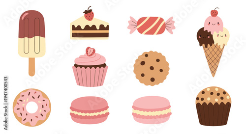 Assortment of sweet desserts in cartoon style