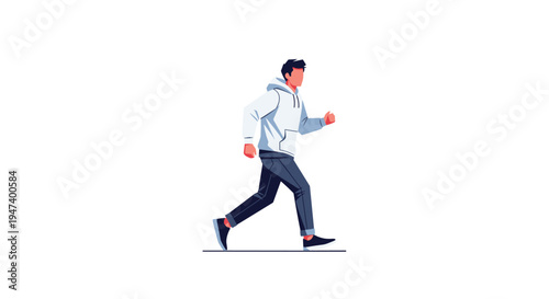 A man in a white hoodie and dark jeans is actively running forward, depicted in a clean, flat illustration style on a stark white background.