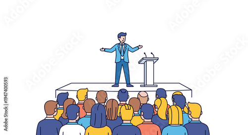 A male speaker in a blue suit stands on a raised platform, gesturing with open arms to a seated audience in a bright, minimalist setting.