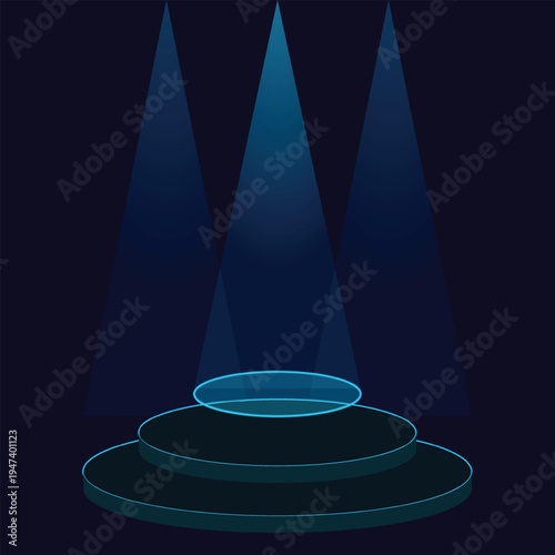 Empty Round Stage Podium with Three Blue Spotlights on Dark Background Vector Illustration for Product Showcase or Presentation