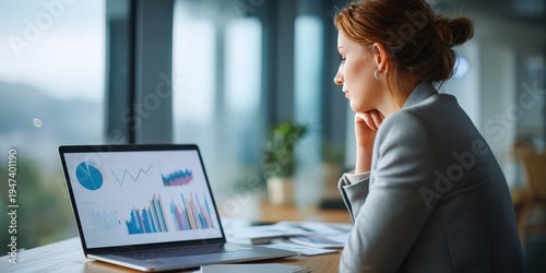 businesswoman analyzing financial data on laptop in modern office 