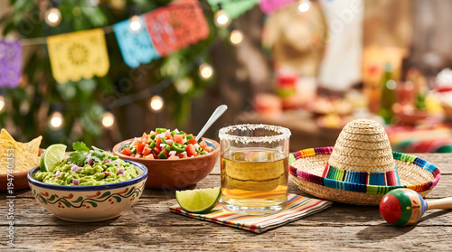 Concept Cinco de Mayo, National Margarita Day, traditional Mexican food with guacamole, pico de gallo, and tequila on a wooden table, festive party setting with papel picado.
