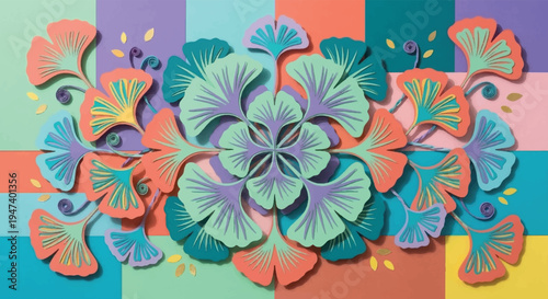 Vibrant Paper Cut Style Ginkgo Leaf Vector Pattern Featuring Colorful Geometric Color Blocking Layered 3D Effects and Decorative Swirls for Modern Botanical Art Design Projects