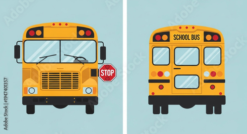 illustration of a classic yellow American school bus back and front view 