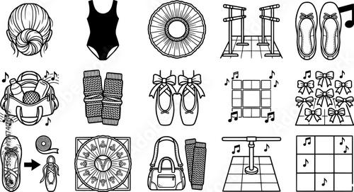 Line art overhead view ballet equipment set with bun leotard tutu barre shoes bag leg warmers and dance floor studio