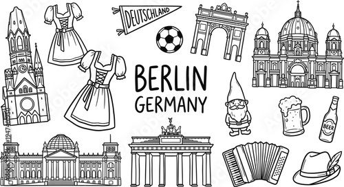 berlin, germany, landmark, travel, tourism, culture, architecture, symbol, tradition, beer, festival, sightseeing, europe, city, illustration, line, icon, collection, heritage, destination