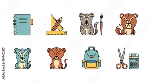 Cartoon animals and school supplies
