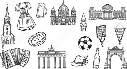 berlin, germany, travel, landmark, culture, tourism, architecture, symbol, tradition, festival, beer, landmarkset, illustration, line, icon, collection, europe, destination, sightseeing, heritage