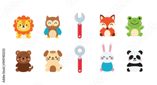 Cartoon animals and tools on white background