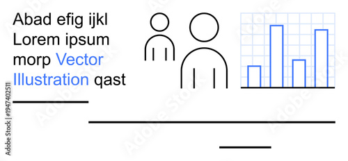 Analytics, reporting, teamwork, business planning, data insights, strategy. Minimalist design with people icons and a bar graph. Analytics and reporting concepts visually