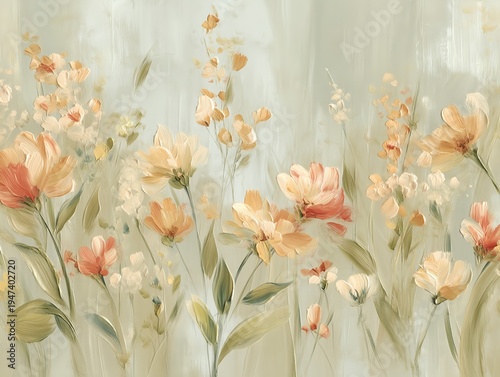 Dreamy impressionist wildflower meadow in cream pale lemon and warm apricot hues with low contrast floral art for pregnancy relaxation content