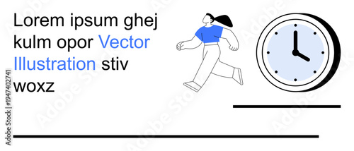 Time management, workplace efficiency, scheduling, punctuality, productivity, organization. A person walking with a clock icon and placeholder text. Time management and workplace efficiency concept